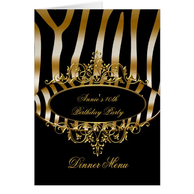Cartão Dinner Menu Card Gold Zebra Black (Frente)