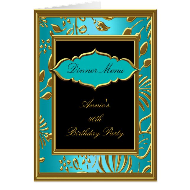 Cartão Dinner Menu Card Teal Blue Gold Black (Frente)