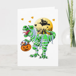 Cartão Dino do Halloween T Rex Múmia Abóbora