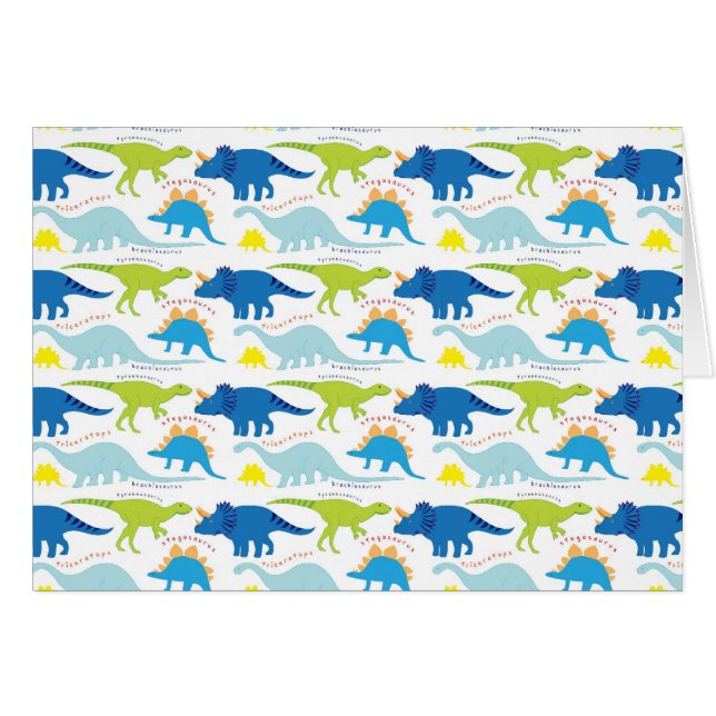 Cartão Dinos Dino de Padrão Azul e Verde Designs Dinossua (Frente Horizontal)