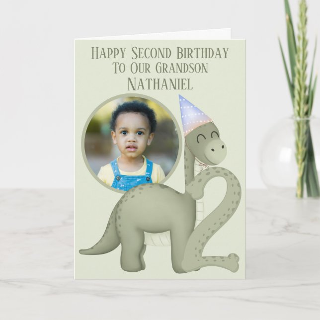 Cartão Dinosaur 1 Photo Aperture Second Birthday Card (Frente)