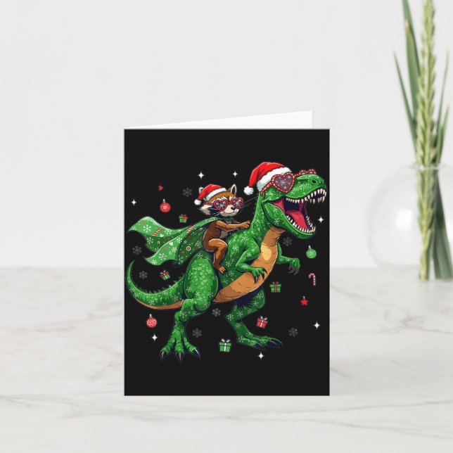 Cartão Dinosaur Christmas T Rex Raccoon Santa Holiday  (Frente)