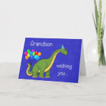 Cartão Dinosaur Grandson Birthday<br><div class="desc">A BIG birthday wish for Grandson on this card that has a blue background with swirls and a dinosaur with a party hat on and balloons on his tail with the words "Grandson,  wishing you ... " and on the inside "a HUGE Happy Birthday".</div>