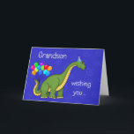 Cartão Dinosaur Grandson Birthday<br><div class="desc">A BIG birthday wish for Grandson on this card that has a blue background with swirls and a dinosaur with a party hat on and balloons on his tail with the words "Grandson,  wishing you ... " and on the inside "a HUGE Happy Birthday".</div>