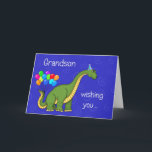Cartão Dinosaur Grandson Birthday<br><div class="desc">A BIG birthday wish for Grandson on this card that has a blue background with swirls and a dinosaur with a party hat on and balloons on his tail with the words "Grandson,  wishing you ... " and on the inside "a HUGE Happy Birthday".</div>