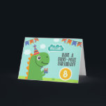 Cartão Dinosaur "have a dino-mite birthday"<br><div class="desc">Dinosaur birthday greeting card with a funny green t-rex holding a present.
Easily customizable by changing the number.</div>