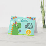 Cartão Dinosaur "have a dino-mite birthday"<br><div class="desc">Dinosaur birthday greeting card with a funny green t-rex holding a present.
Easily customizable by changing the number.</div>