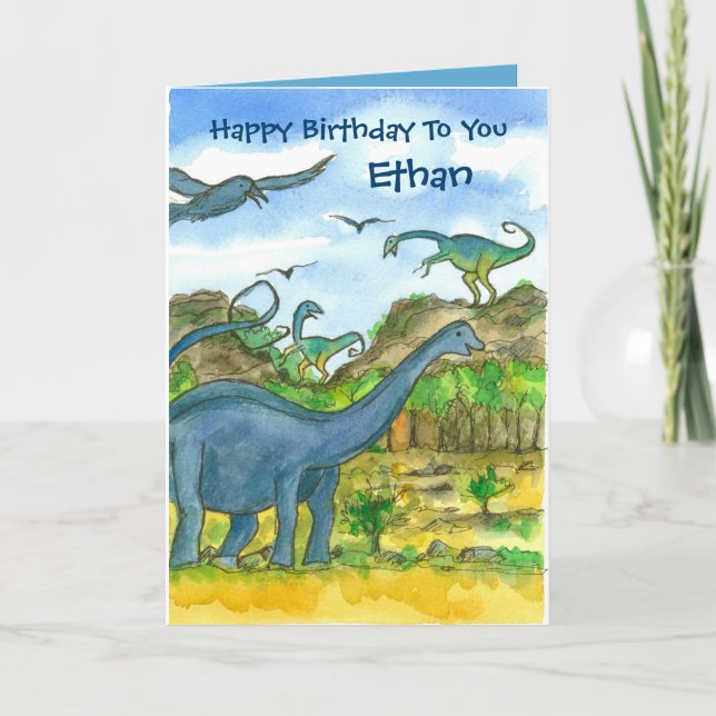 Cartão Dinosaurs Custom Name Happy Birthday (Frente)