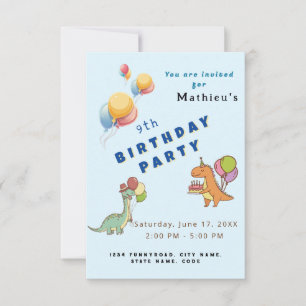 Cartão Dinossaur dino party aniversário de criança azul e