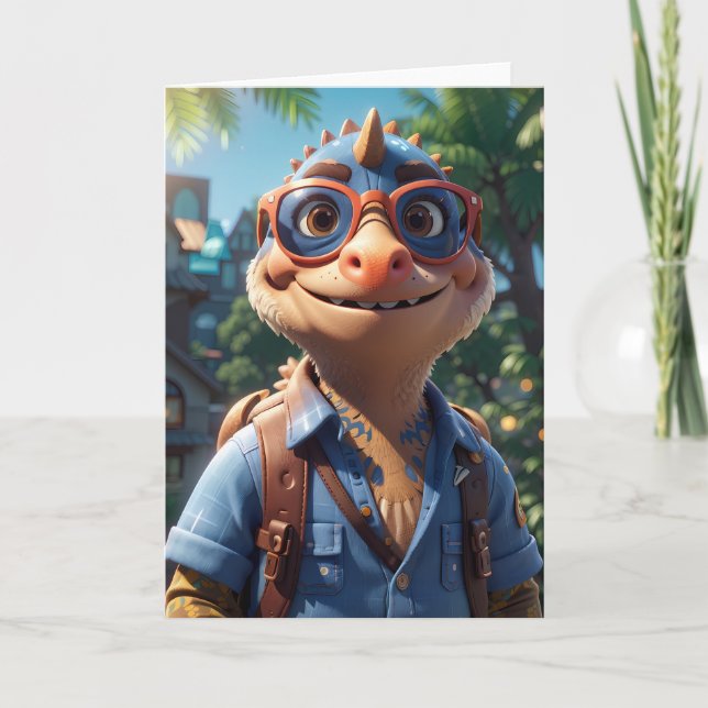 Cartão Dinossauro com óculos de sol sorrindo ao ar livre  (Frente)