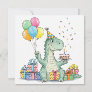 Cartão Dinossauro de Aniversário de Aquarela com Chapéu d