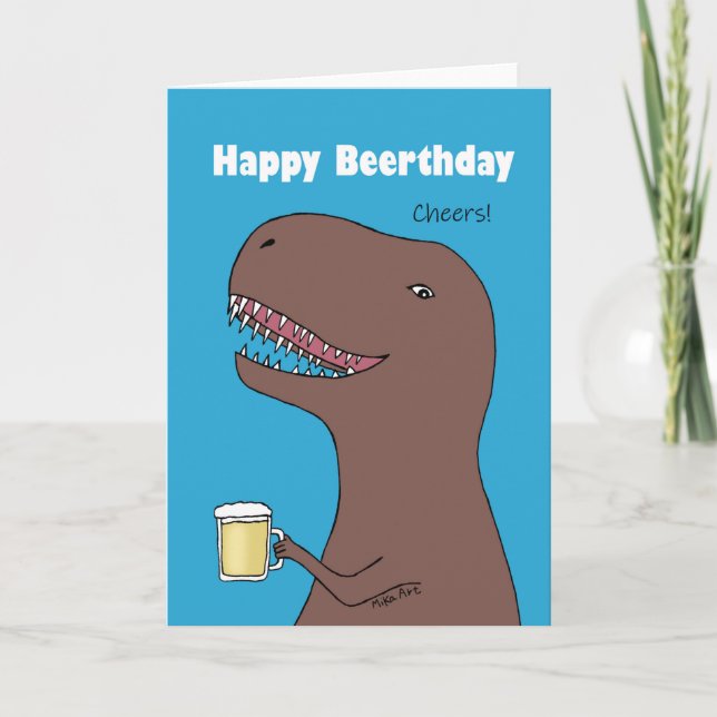 Cartão Dinossauro engraçado com cerveja Feliz aniversário (Frente)