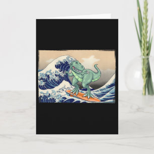 Cartão Dinossauro Engraçado, T Rex Surfando, Arte de Dino