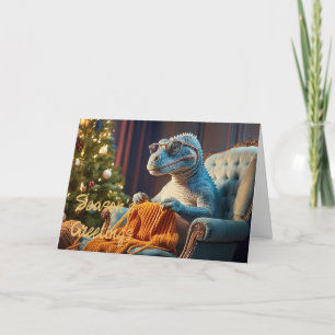 Cartão Dinossauro fazendo tricô Natal feliz