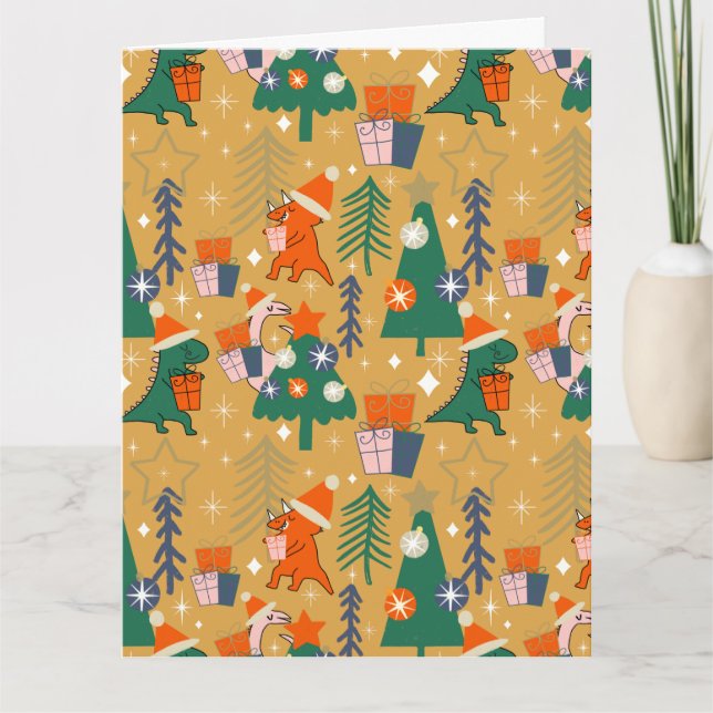 Cartão Dinossauro Festa de Natal Amarelo (Frente)