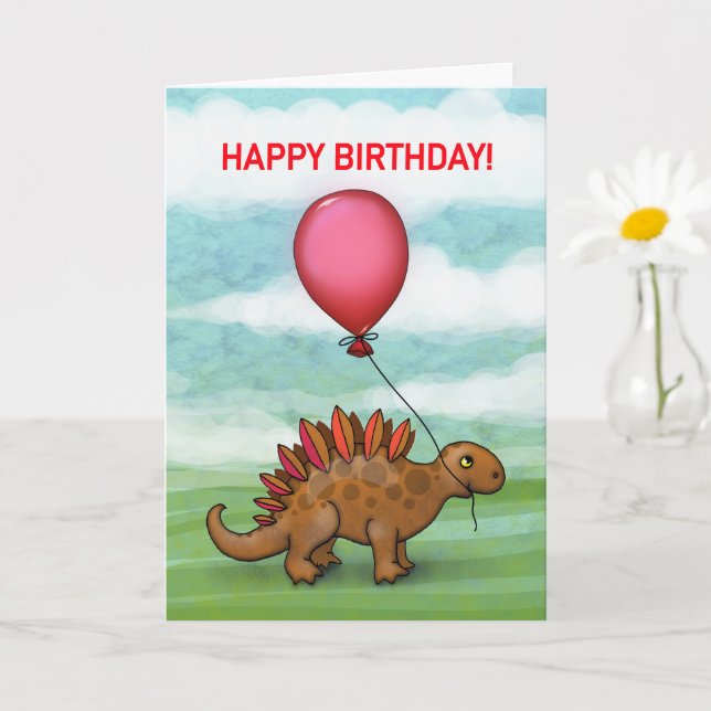 Cartão Dinossauro Fofo com Balão Vermelho (Planta pequena)