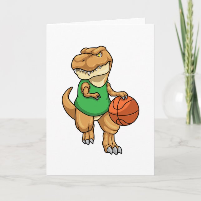 Cartão Dinossauro no Esporte com Basquetebol (Frente)