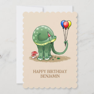 Cartão Dinossauro segurando Balões Aniversário