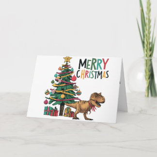 Cartão Dinossauro T-rex engraçado bonito e árvore de Nata