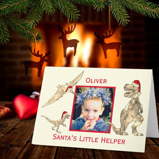 Cartão Dinossauros de Natal T Rex Pterodáctilo Velocirapt (Christmas dinosaurs wearing Santa hats photo template custom holiday greetings folded card)