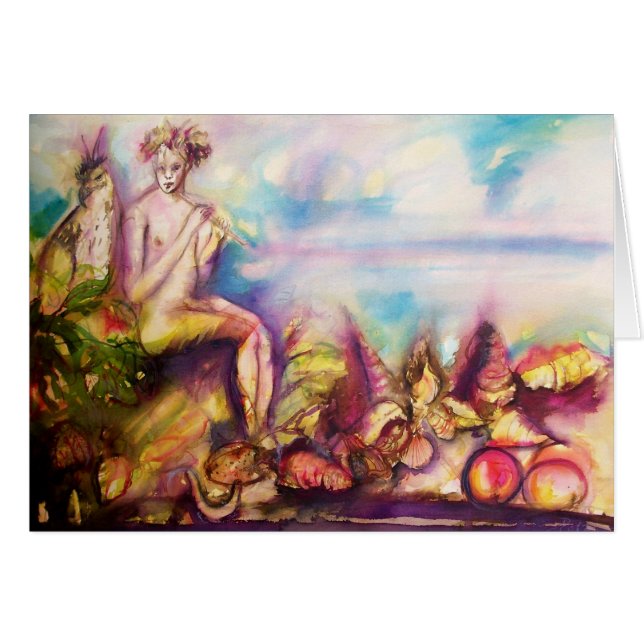 Cartão DIONYSUS , Jogando flauta com conchas e Frutas mar (Frente Horizontal)