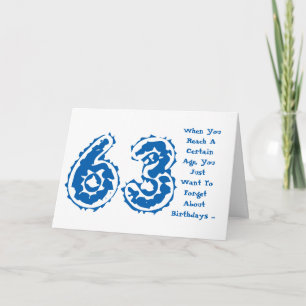 Cartão Diversão, 63 anos, esqueça, azul, branco.