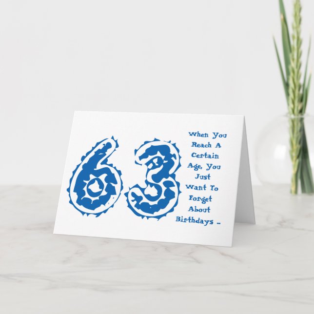 Cartão Diversão, 63 anos, esqueça, azul, branco. (Frente)