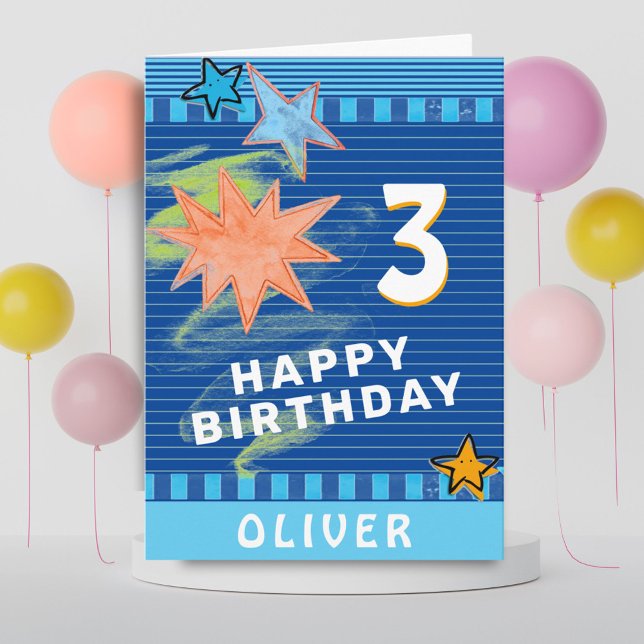 Cartão Diversão Colorida Azul Desenho Estrelas Aniversári (Criador carregado)