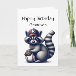 Cartão Diversão Raccoon Grandson Baseball Birthday Animal