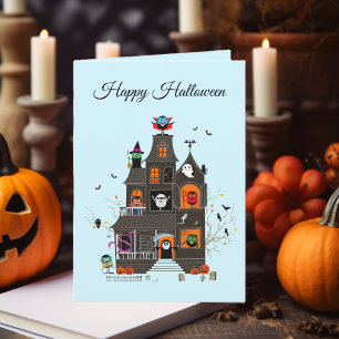 Cartão Divertida Feliz Halloween Casa Assombrada Pessoas