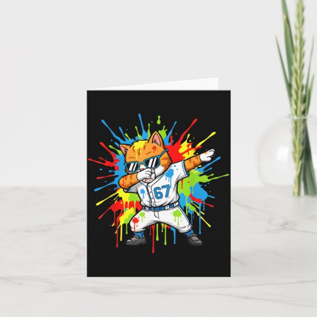 Cartão Divertido 67 Baseball Dabbing Gato 6 7 Dripng Sorv (Frente)