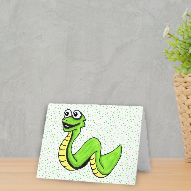 Cartão Divertido Cobra Verde Amarelo Amarelo Grande Ponto (Cute cartoon bright green smiling snake on white with green dots notecard for kids.)