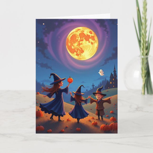 Cartão Divertido de Abóbora Iluminada pela Lua (Frente)