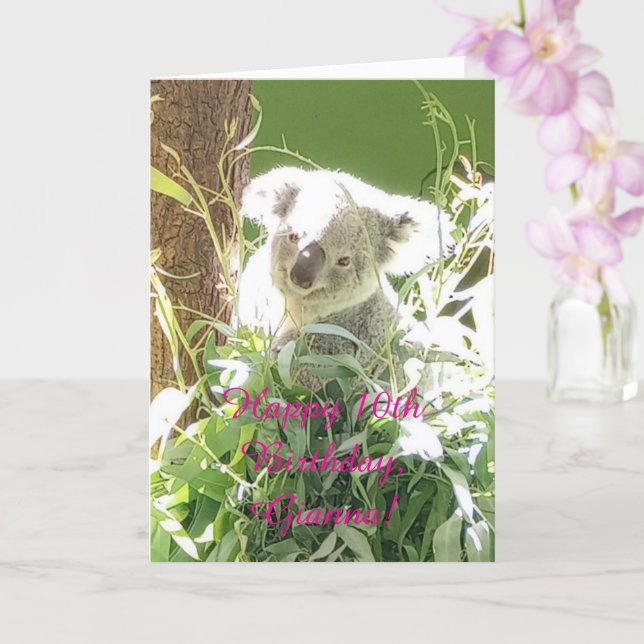 Cartão Divertido Koala, Feliz 10º aniversário, carta (Orquídea)