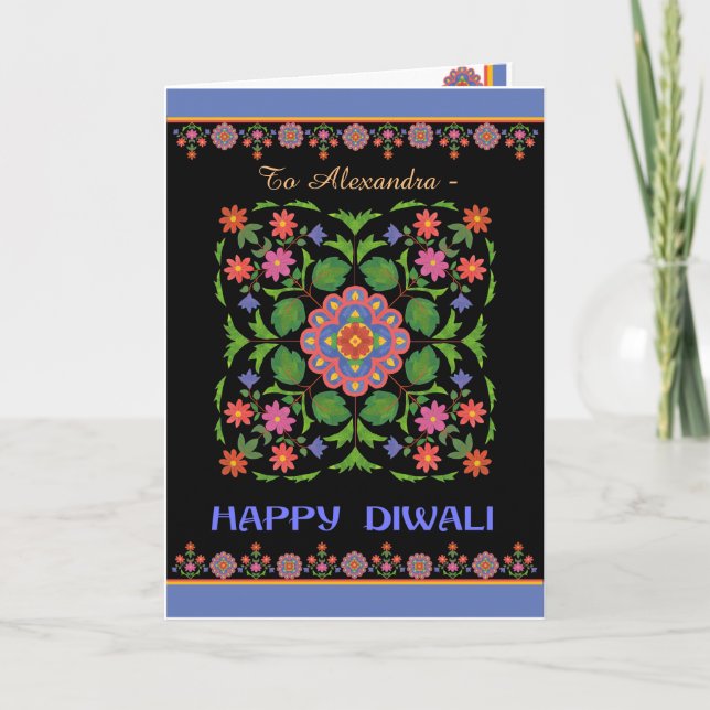 Cartão Diwali Card to Personalize, Rangoli Pattern, Black (Frente)