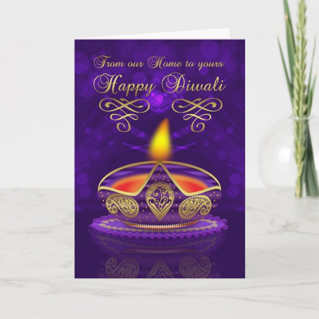 Cartão Diwali Greeting Card In Gold And Purple With Lamp (Frente)