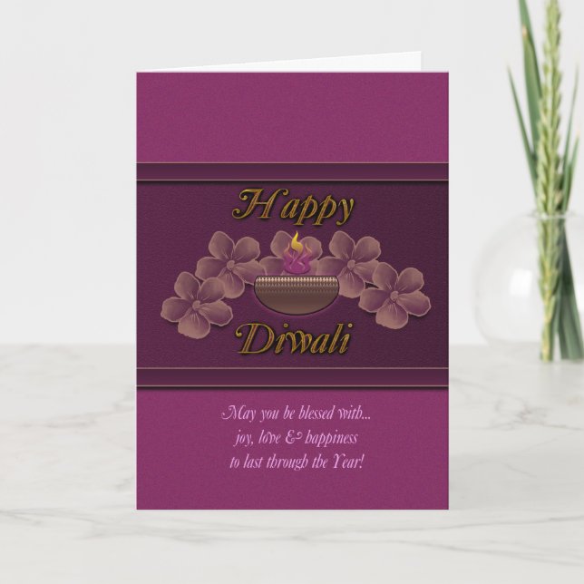 Cartão Diwali Greeting Card With Lamp And Flowers Purple (Frente)