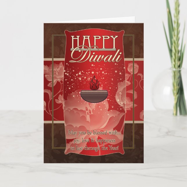Cartão Diwali Greeting Card With Lamp And Flowers Red And (Frente)