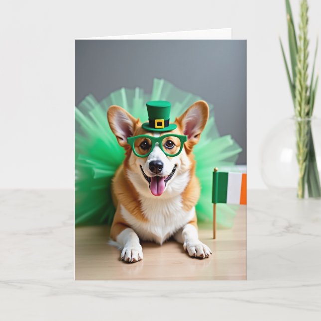 Cartão do Corgi com Padrão Verde (Frente)