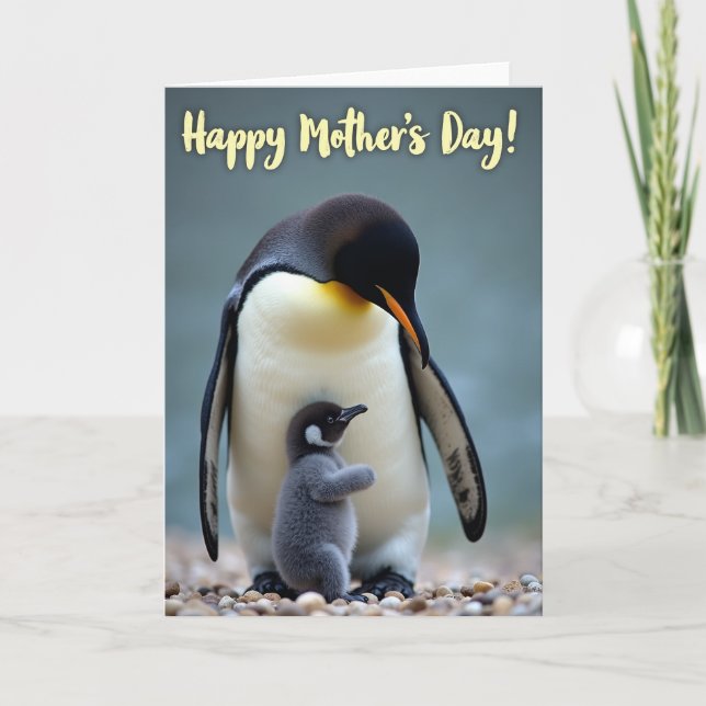 Cartão do Dia das Mães com Amor de Pinguim (Frente)