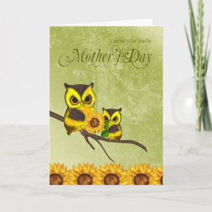 Cartão do dia das mães com corujas e girassol