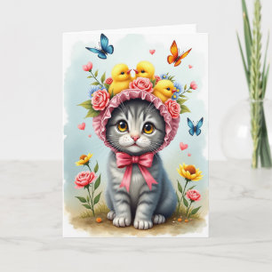 Cartão do Dia das Mães com Floral Gatinho Fofo