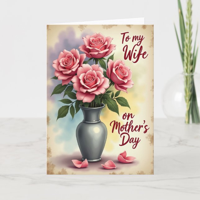 Cartão do Dia das Mães com Rosas Rosa Cor de Blush (Frente)