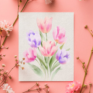Cartão do Dia das Mães com Tulipas em Aquarela