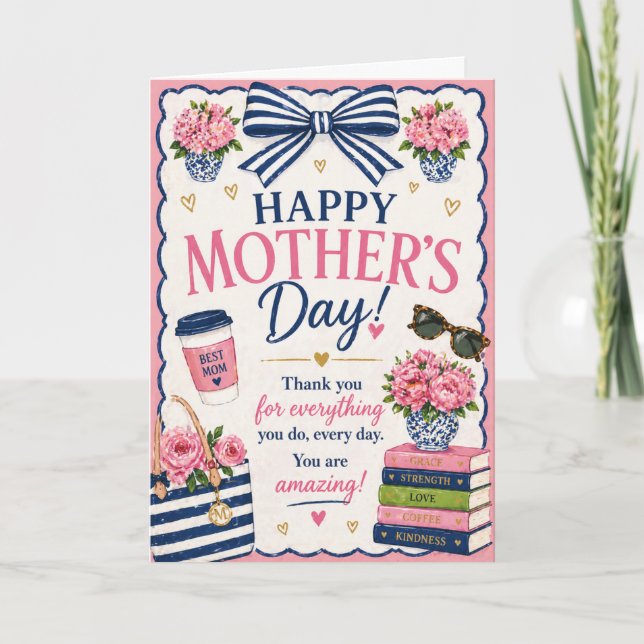 Cartão do Dia das Mães – Design Fofo com Laço Rosa (Frente)