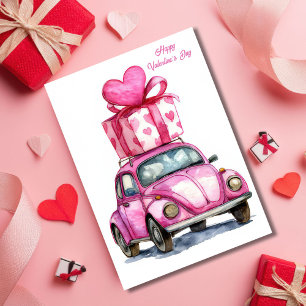 Cartão do Dia dos Namorados com Carro Rosa Fofo
