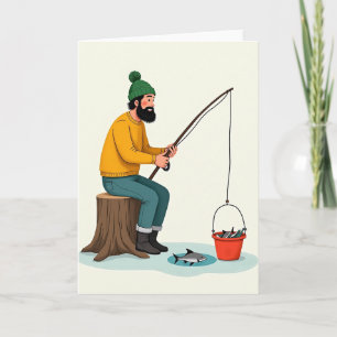 Cartão do Dia dos Pais Homem Barbudo Pescando