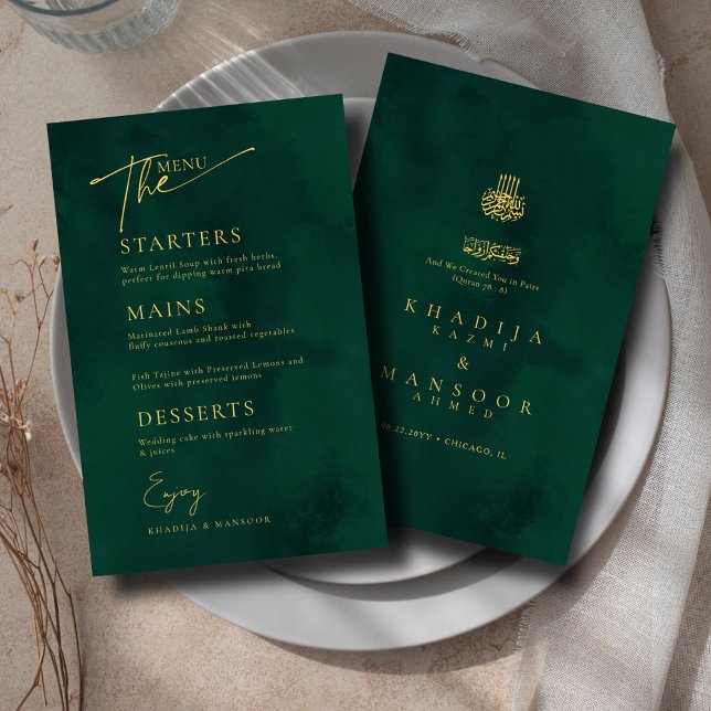 Cartão do Dourado Casamento Islâmico Real Emerald  (Criador carregado)