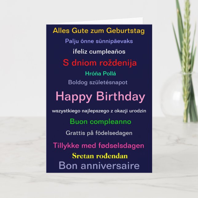 Cartão do feliz aniversario em línguas diferentes (Frente)
