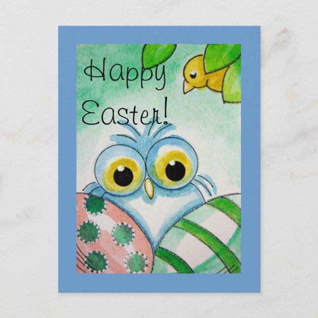 Cartão do FELZ PASCOA da CORUJA do BEBÊ AZUL (Frente)